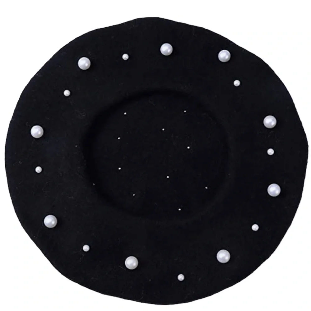Cashmere Beret (Beaded) in Ivory or Black with White Simulated Pearls
